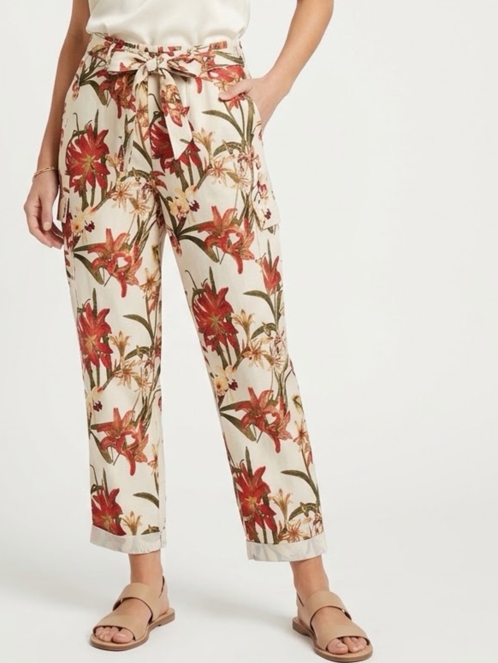 CHICO’S Ultimate Fit Tencel Lyocell Cream Orange Floral Ankle Pants — #LHP